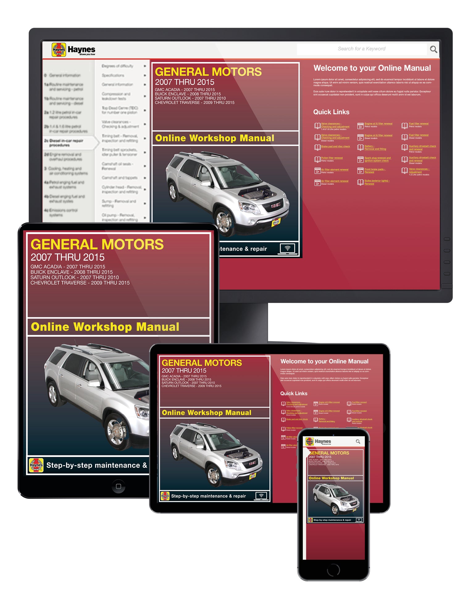 GMC Acadia (07-15), Buick Enclave (08-15), Saturn Outlook (07-10) and Chevrolet Traverse (09-15) Haynes Online Manual