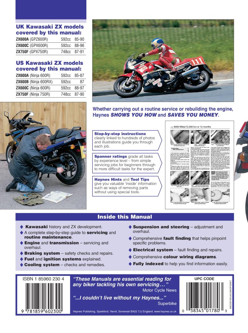 Kawasaki ZX600 (GPZ600R, GPX600R, Ninja 600R & RX) & ZX750 (GPX750R, Ninja 750R) Fours (85 - 97) Haynes Repair Manual