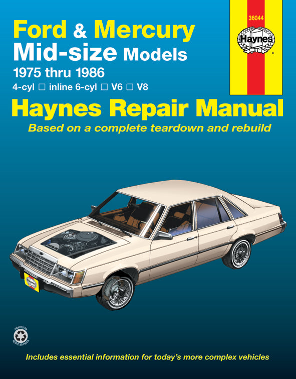 Ford & Mercury mid-size Ford Thunderbird & Mercury Cougar 75-82,Ford LTD & Mercury Marquis 83-86,Ford Torino,Gran Torino, Elite, Ranchero pick-up, LTD II, Mecury Montego, Comet, XR-7 & Lincoln Versailles 75-86 Haynes Repair Manual (USA)