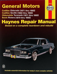 General Motors covering Cadillac Eldorado (71-85), Cadillac Seville (80-85), Oldsmobile Toronado (71-85), & Buick Riviera (79-85) all with petrol engines Haynes Repair Manual (USA) - Digital Edition