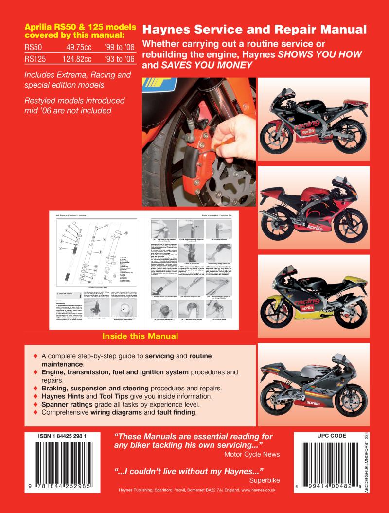 Aprilia RS50 (99 - 06) & RS125 (93 - 06) Haynes Repair Manual