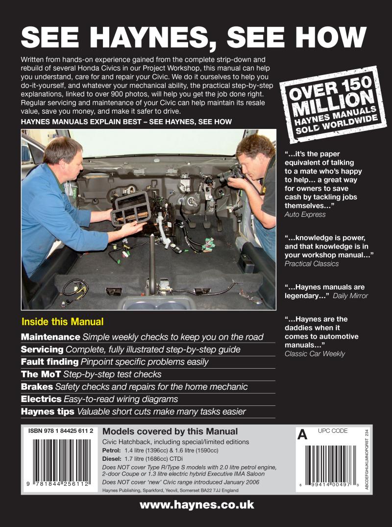 Honda Civic Petrol & Diesel (01 - 05) Haynes Repair Manual