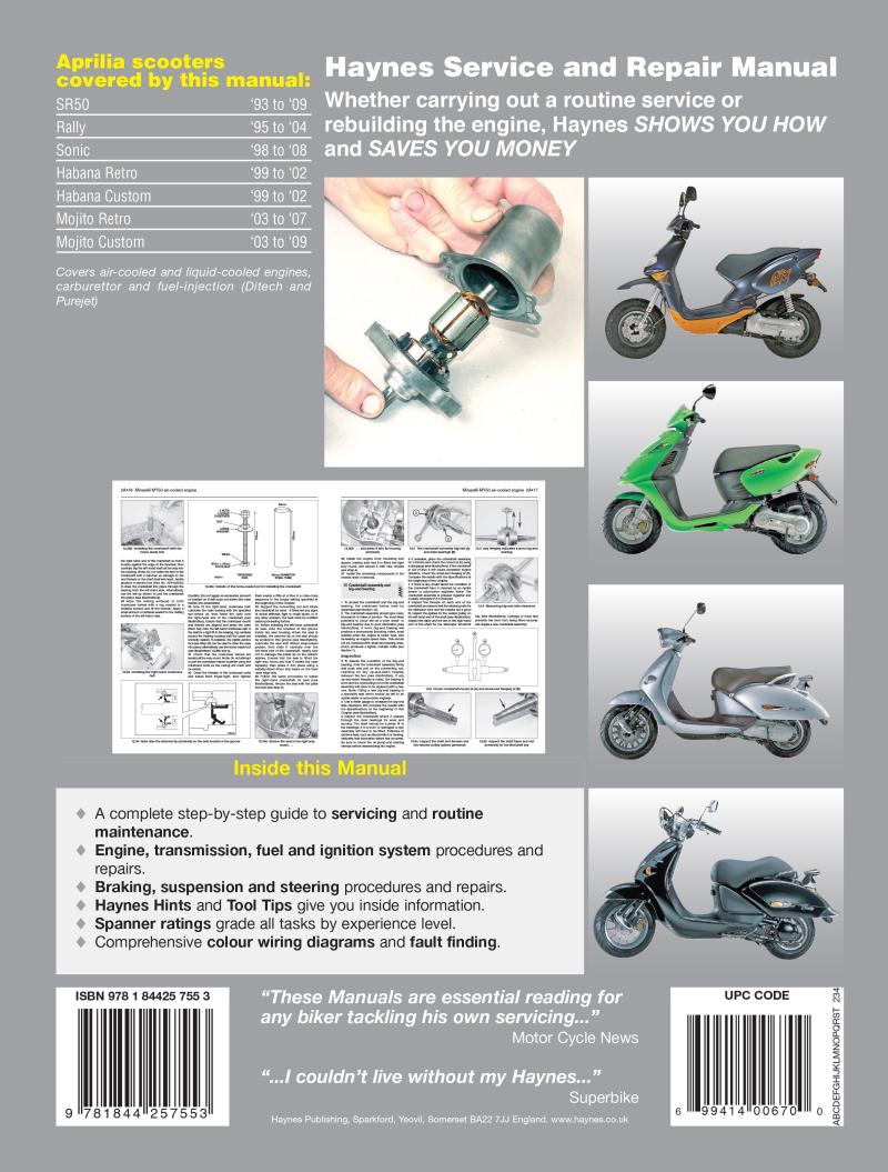 Aprilia SR50, Rally, Sonic & Habana/Mojito Scooters (93 - 09) Haynes Repair Manual