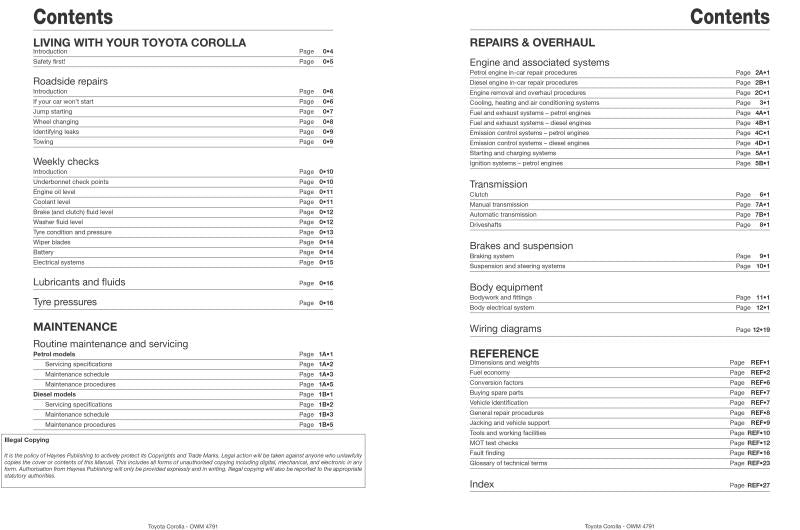 Toyota Corolla Petrol & Diesel 2002 - 2007 Haynes Repair Manual