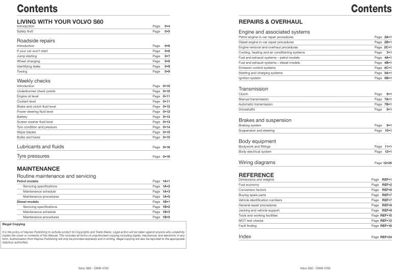 Volvo S60 Petrol & Diesel (00 - 09) Haynes Repair Manual