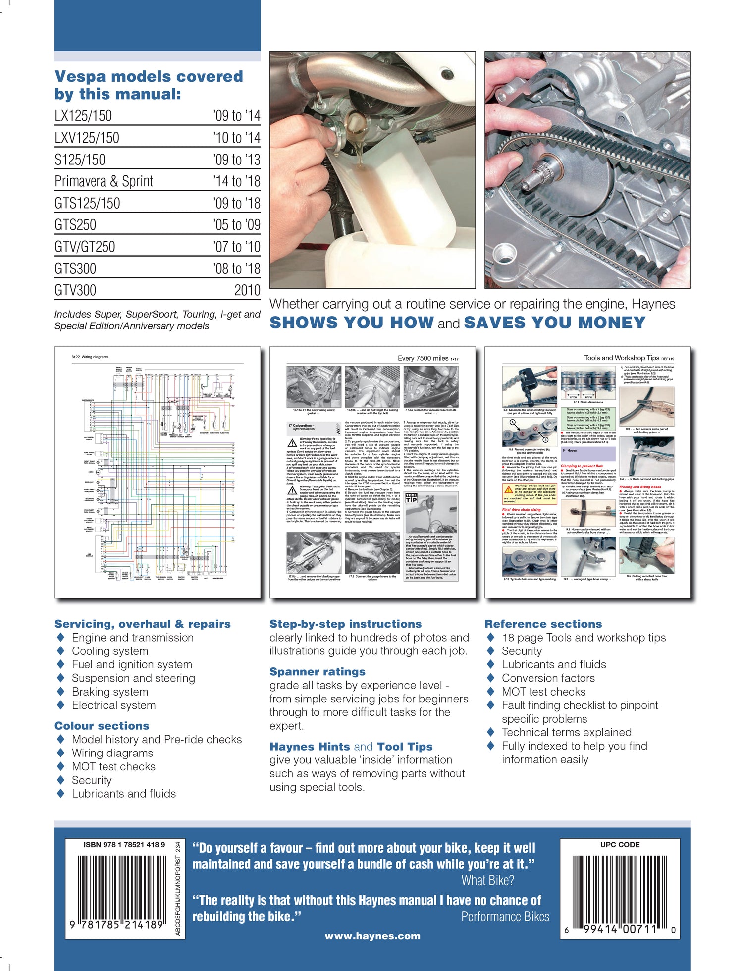 Vespa GTS, GTV, LX & S 125 to 300 (05 - 18) Haynes Repair Manual