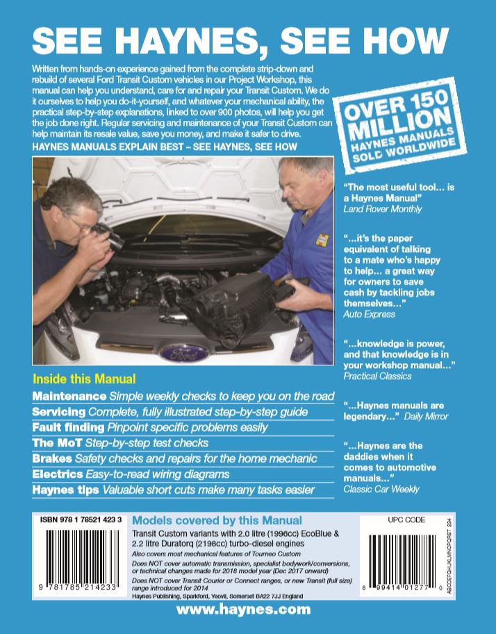 Ford Transit Custom Diesel (13 - Nov 17) 62 to 67 Haynes Repair Manual