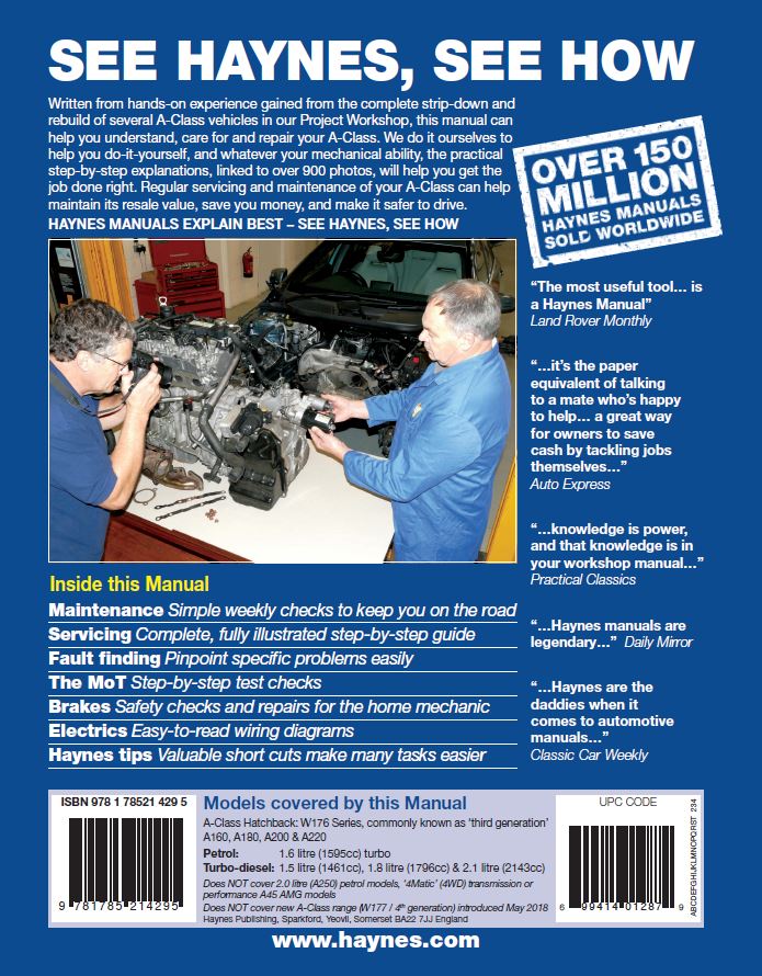 Mercedes-Benz A-Class Sept 12 - May 18 (62 to 18 reg) Petrol & Diesel Haynes Repair Manual